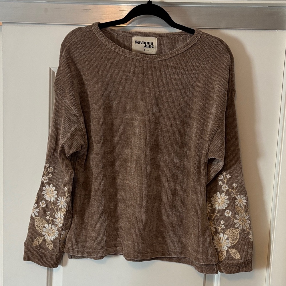 Savanna Jane Taupe Floral Embroidered Sweatshirt